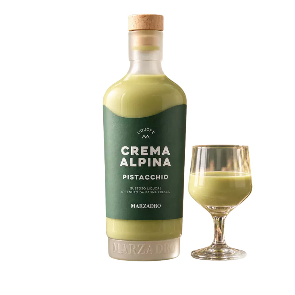 Bouteille de Marzadro Crema Alpina al Pistacchio, crème italienne à la pistache, 70cl
