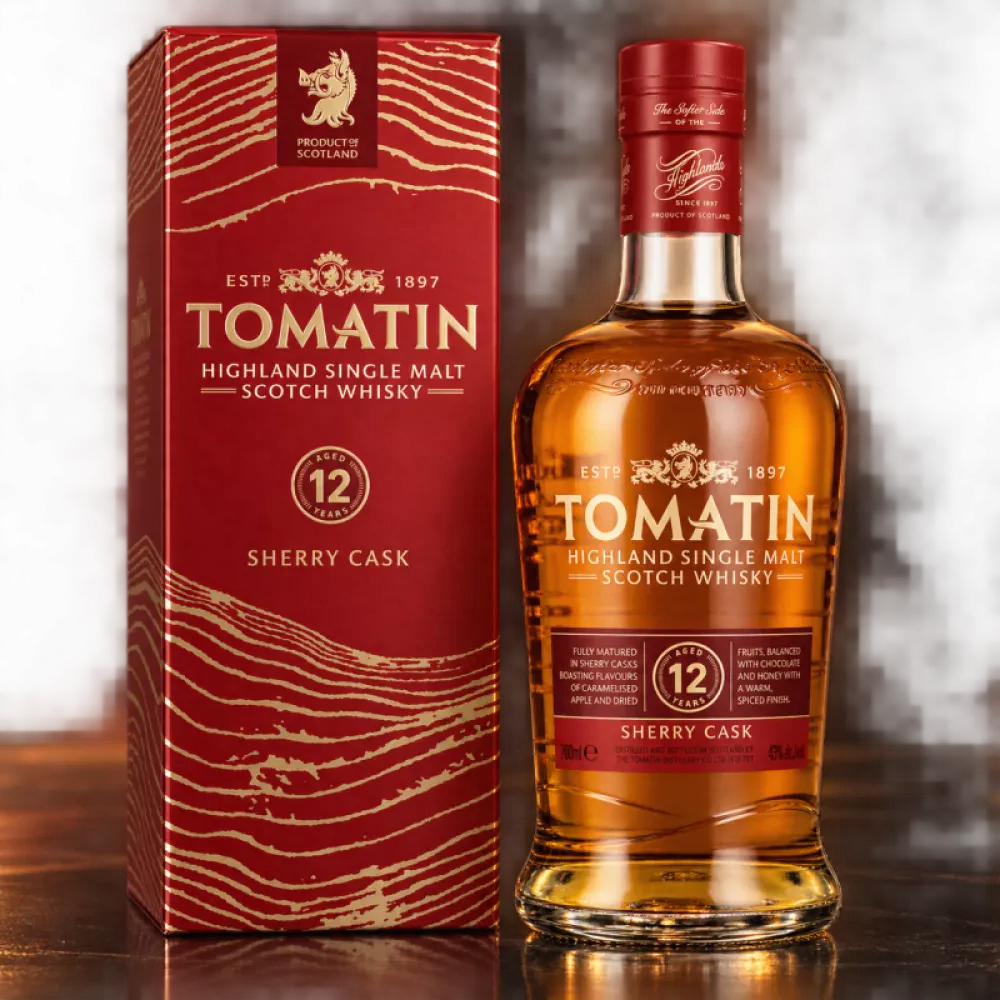 Bouteille et coffret de Tomatin 12 Years Sherry Cask, single malt des Highlands, 70cl
