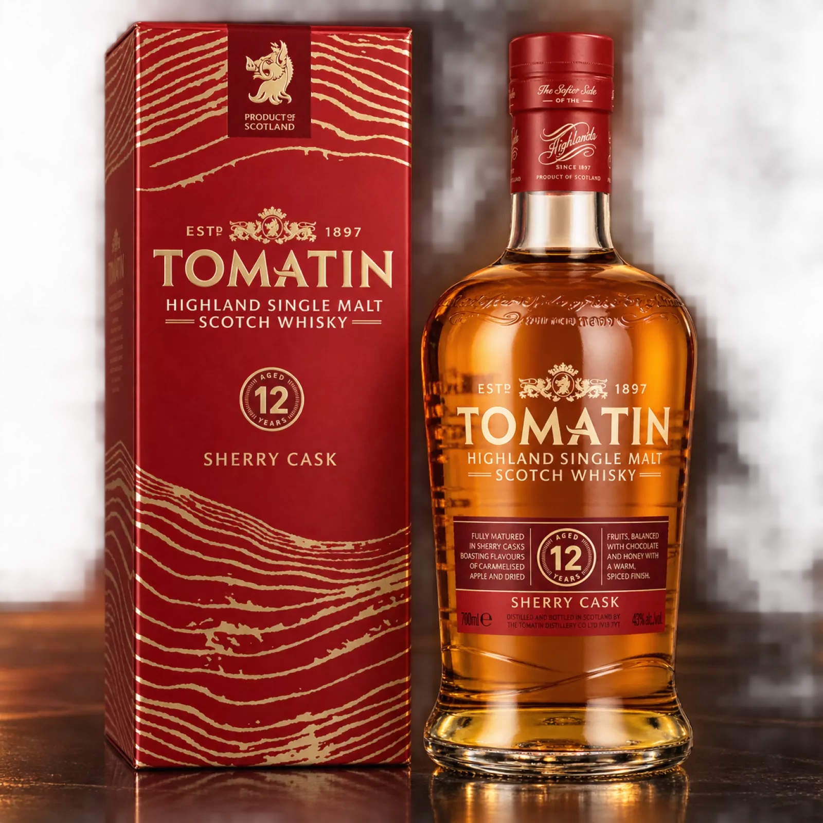Bouteille et coffret de Tomatin 12 Years Sherry Cask, single malt des Highlands, 70cl