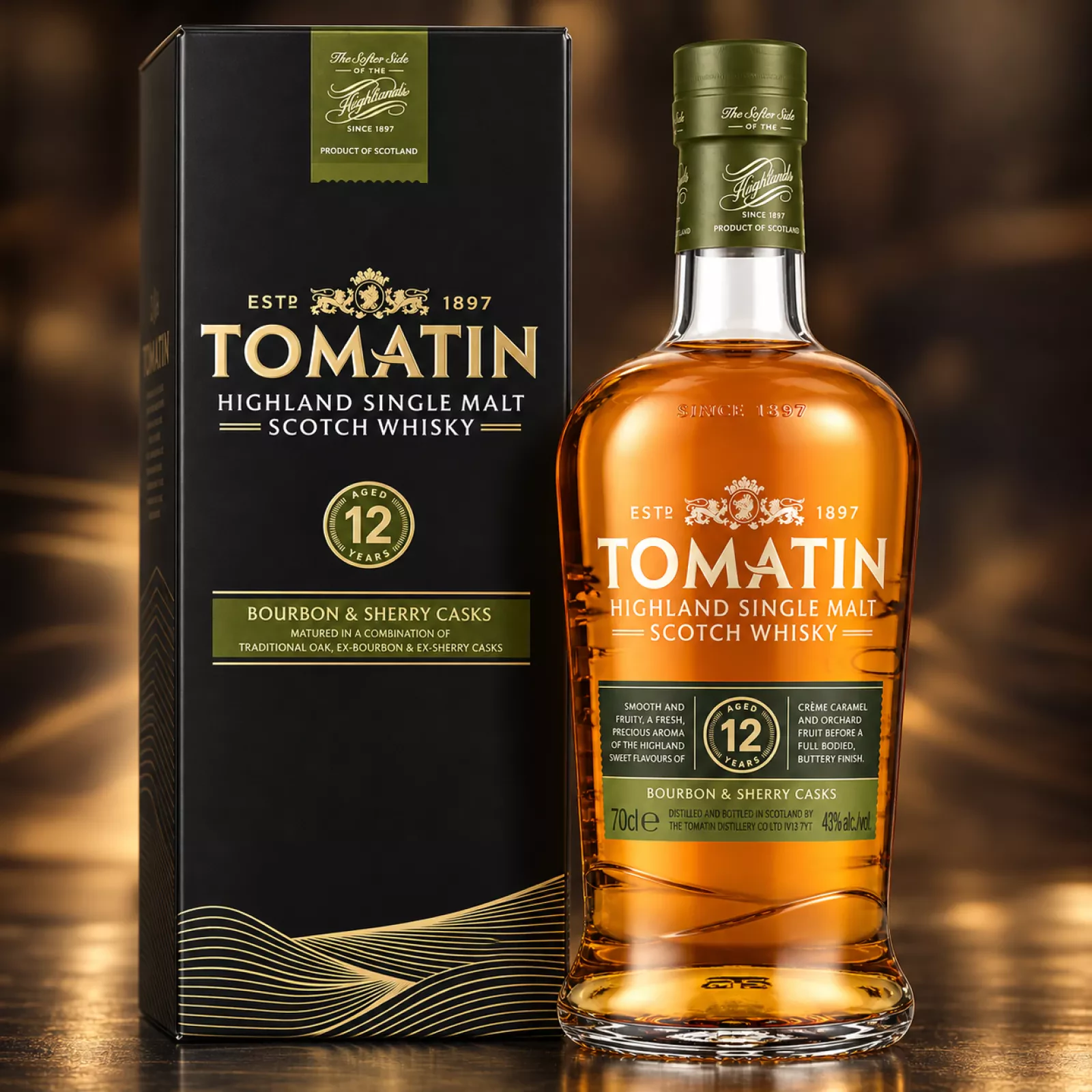 Bouteille et coffret de Tomatin 12 Years Triple Cask, single malt des Highlands, 43° 70cl