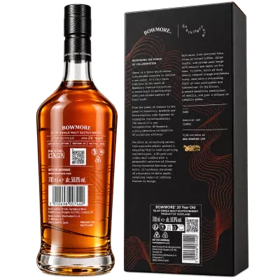 Bowmore 20 Years Snarkitecture 70cl, dos de la bouteille et du coffret