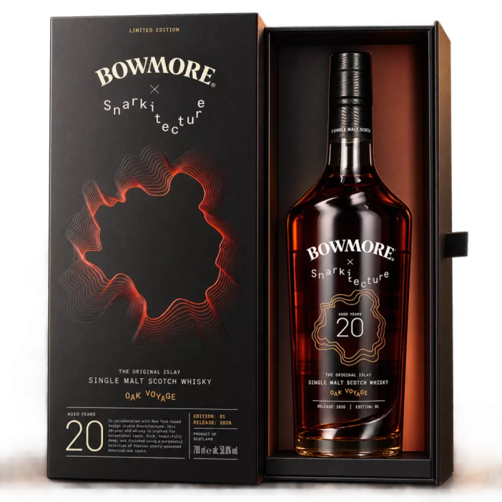 Bowmore 20 Years Snarkitecture 70cl, coffret ouvert et bouteille