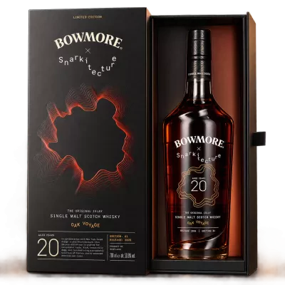 Bowmore 20 Years Snarkitecture 70cl, coffret ouvert et bouteille