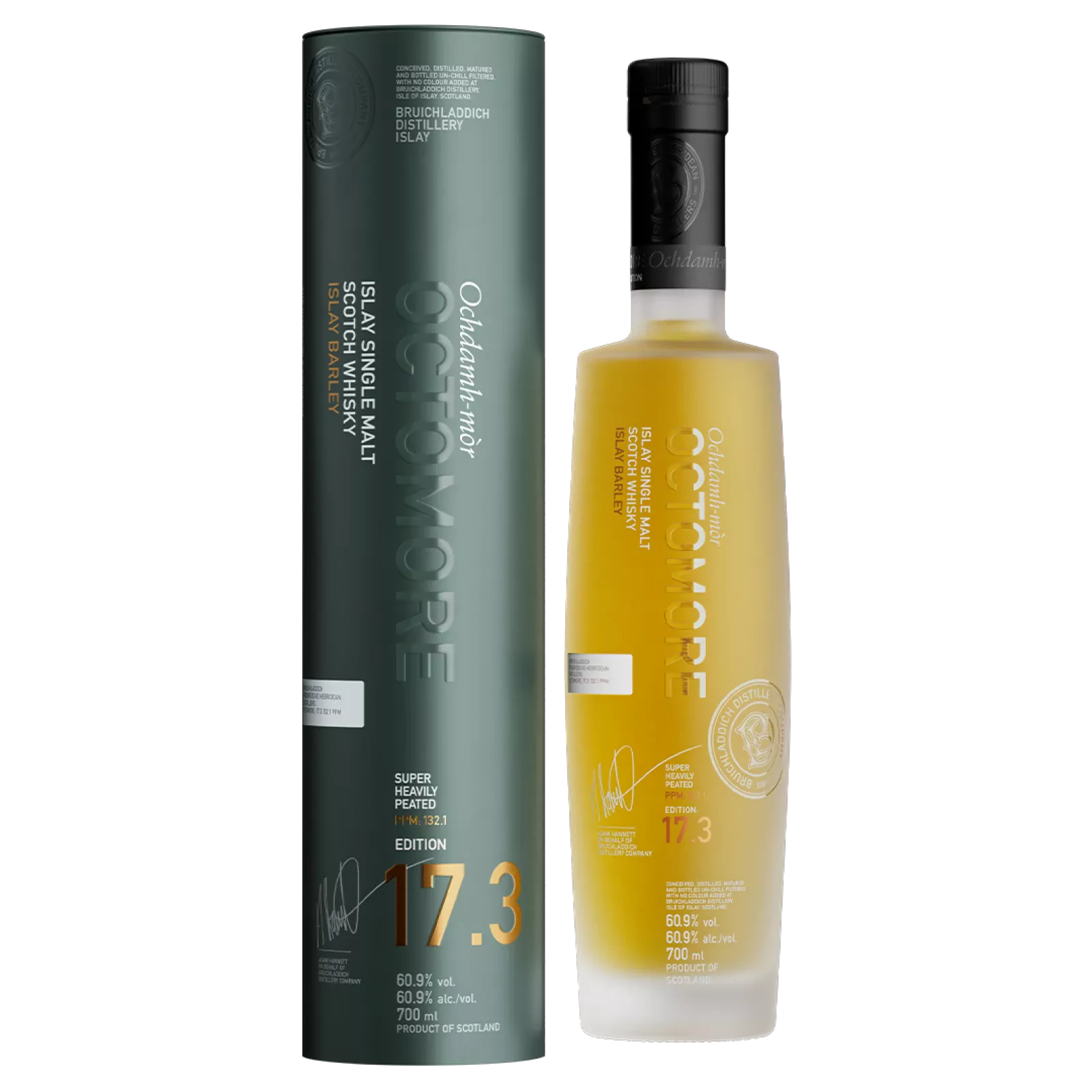 Octomore 17.3 70cl, single malt d'Islay super tourbé, bouteille et tube