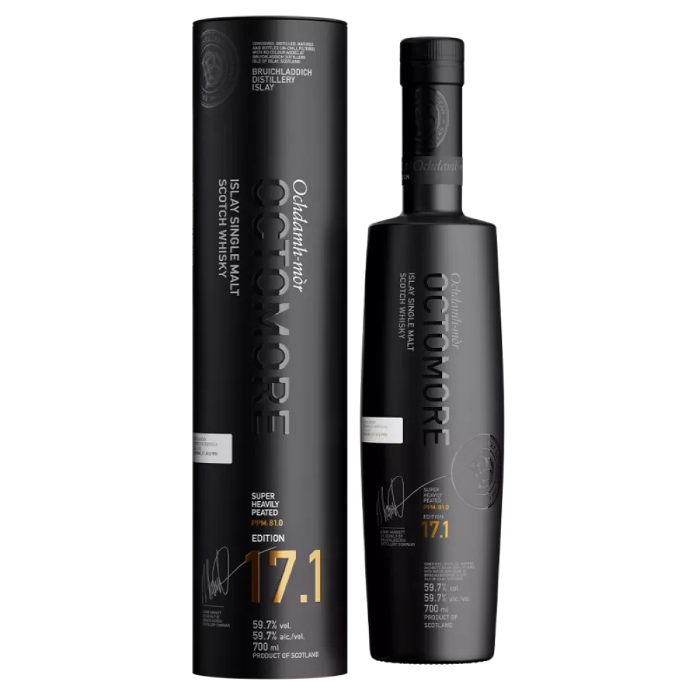 Octomore 17.1 70cl, single malt d'Islay super tourbé, bouteille et tube