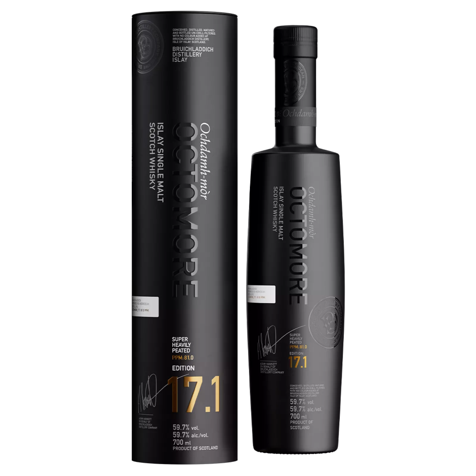 Octomore 17.1 70cl, single malt d'Islay super tourbé, bouteille et tube