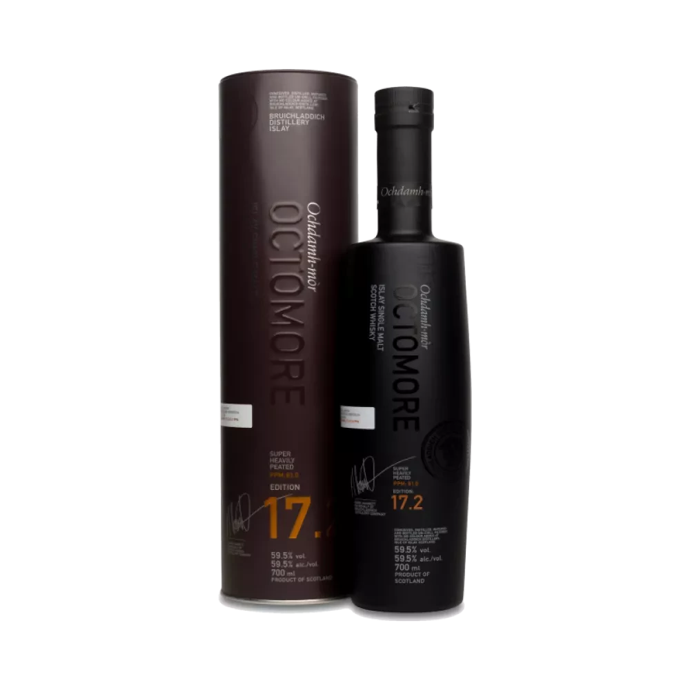 Octomore 17.2 70cl, single malt d'Islay super tourbé, bouteille et tube