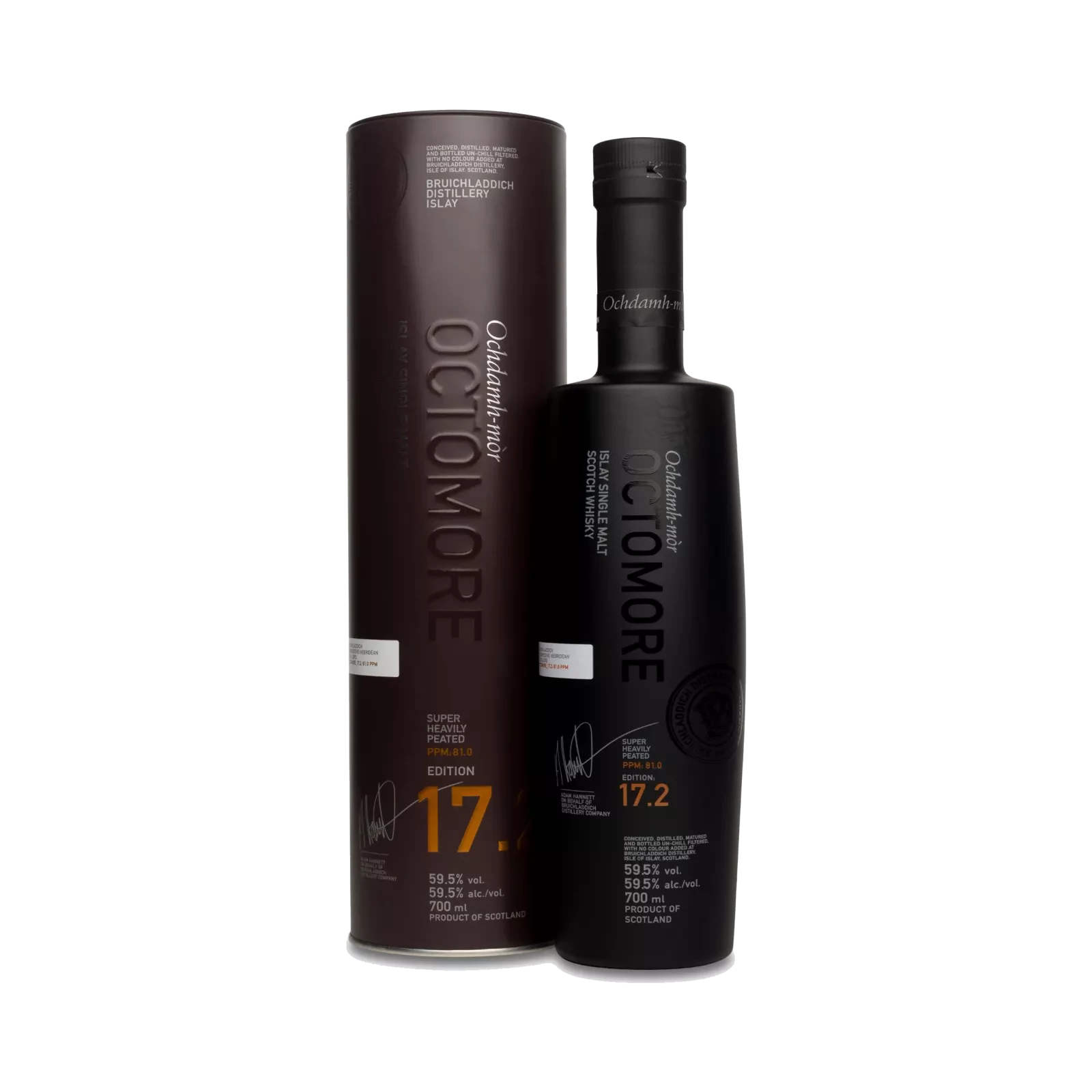 Octomore 17.2 70cl, single malt d'Islay super tourbé, bouteille et tube